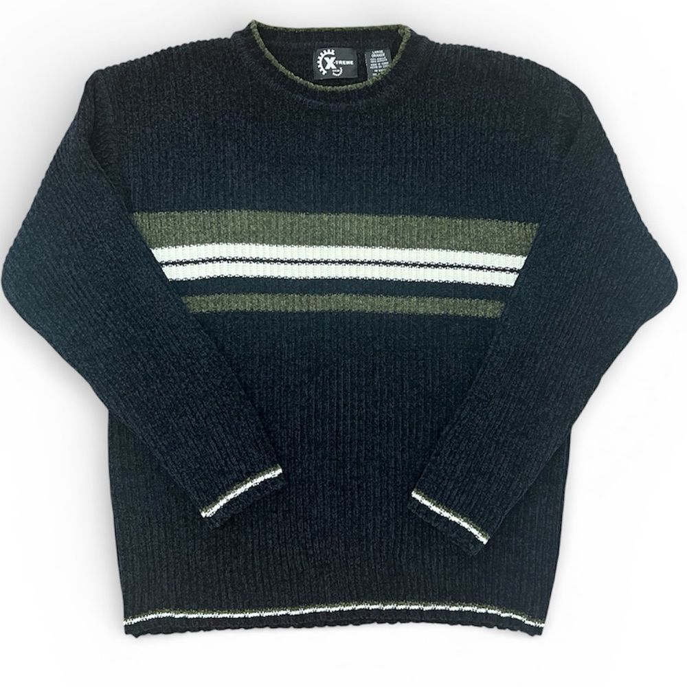 X-Treme Gear Y2K Men's Blue and Olive Striped Crewneck Sweater Size Large